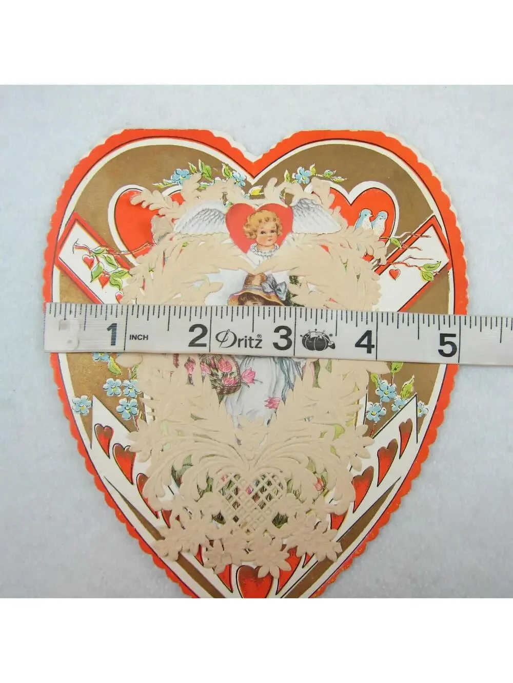 Vintage Valentine Card Whitney Made LARGE Heart Shape Red & Gold Girl in Bonnet